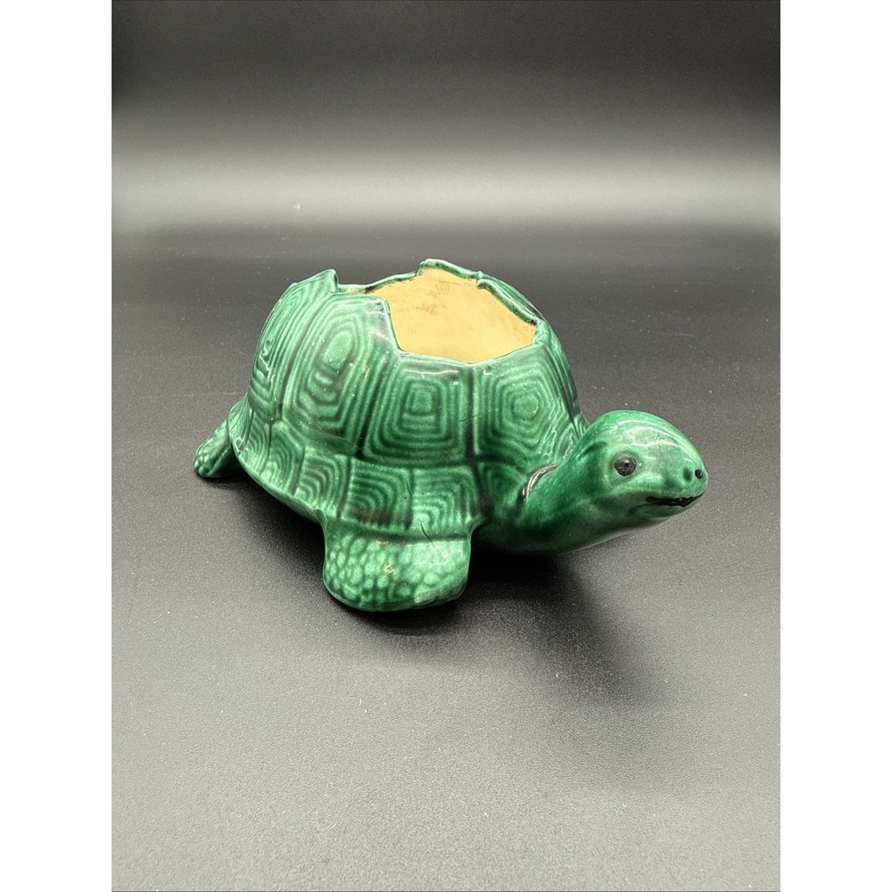 Vintage Green Ceramic Turtle Planter 4 X 6.5" Signed MW Nice Details!